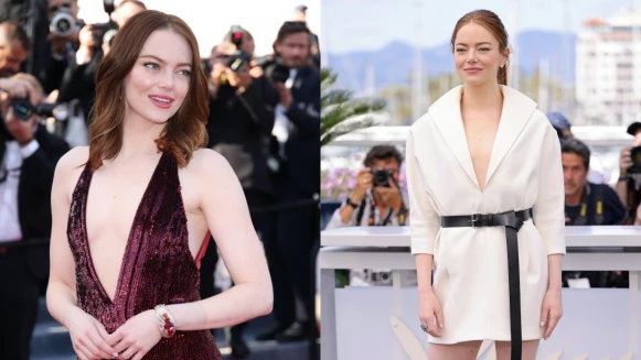 【2024坎城影展】艾瑪史東再登坎城！深V酒紅亮片禮服性感亮相，場邊熱舞太可愛了