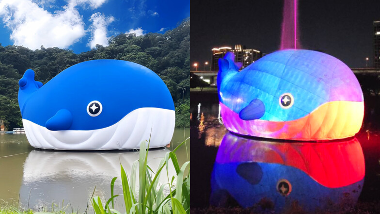 2025新北「粉嘻鯨」現身！7米巨萌鯨魚快閃30天，噴水秀、七彩燈光必拍