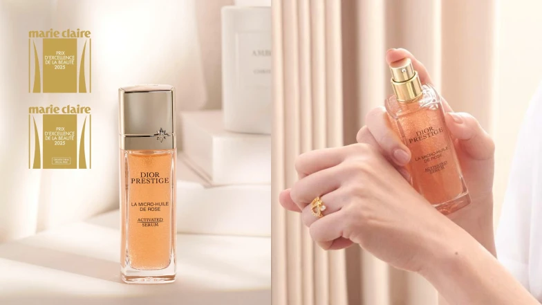 美妝大獎拿不停「迪奧精萃再生玫瑰微導精露」以DIOR專屬的岡維拉玫瑰能量重現澎彈、嫩白、水潤，煥發肌底透亮光！