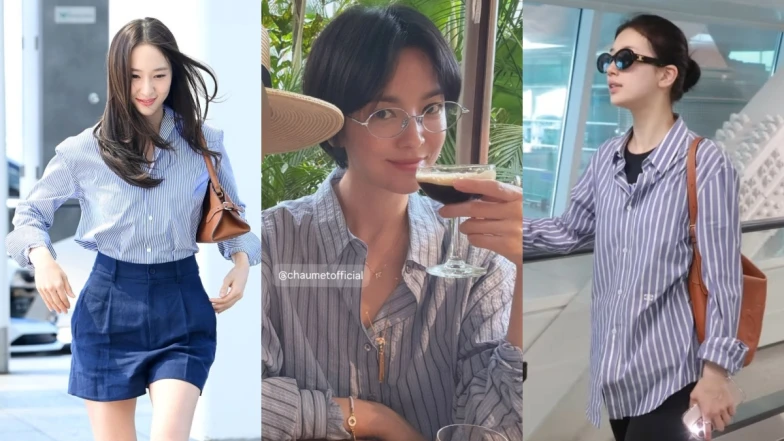 藍色條紋襯衫成女神標配？宋慧喬、秀智、Karina…私服都穿上，比純色更百搭