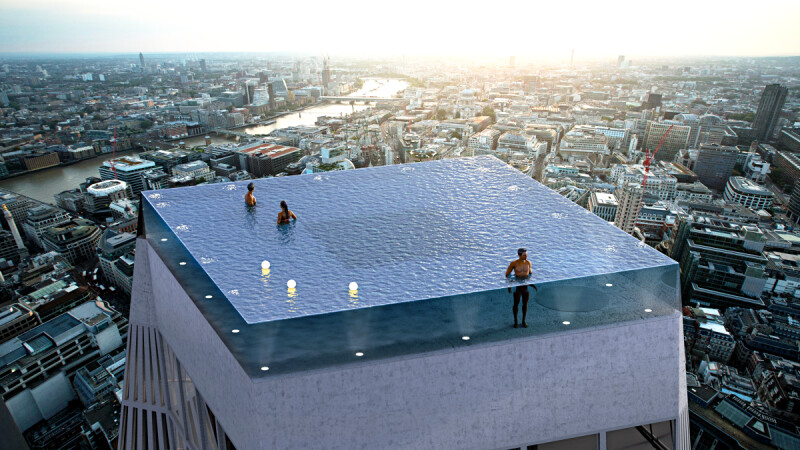 全球首座「360°無邊際透明泳池」將現身倫敦!Infinity London座落55層高樓頂部,迷幻燈光入夜根本是閃耀寶石