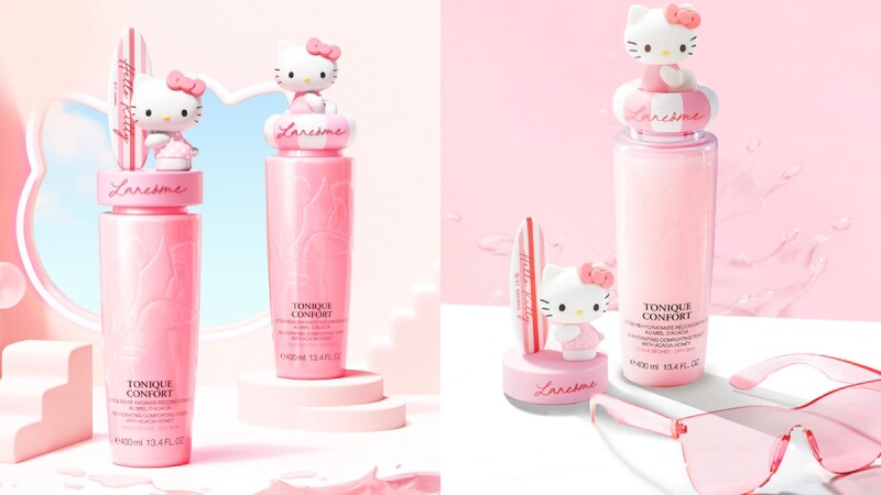 蘭蔻X Hello Kitty粉水聯名限量款,拿著衝浪板的立體凱蒂貓太萌,用完還能當公仔收藏