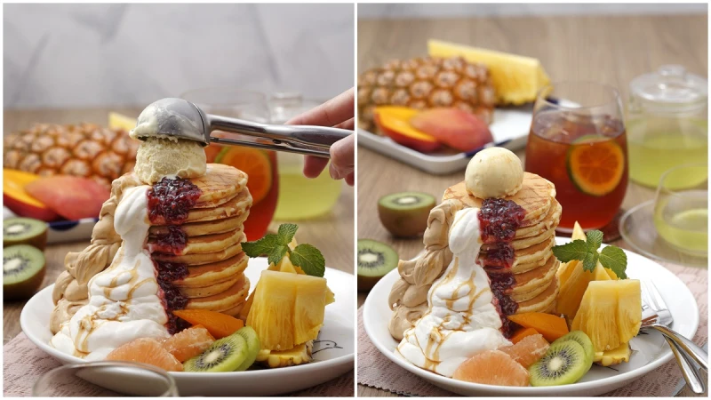 高達10層的鬆餅塔！杏桃鬆餅屋搭上夏季酸甜芒果、葡萄柚打造夏威夷水果派對鬆餅