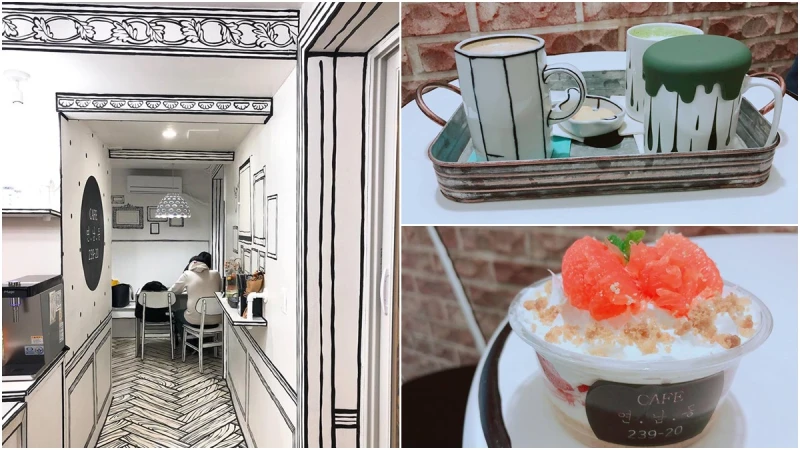 一定要朝聖的超可愛黑白漫畫風咖啡廳！隱藏在首爾弘大，「CAFE 연남동 239-20」整間店都像畫出來的