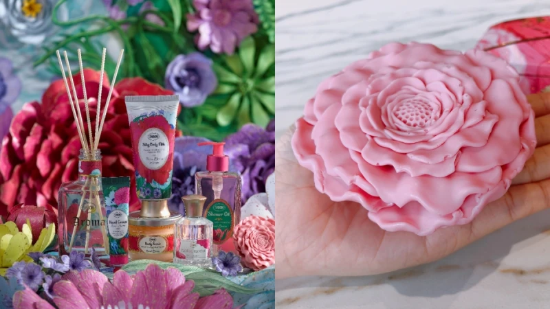 SABON 2020春限定繁花盛放系列,玫瑰、牡丹、小蒼蘭是春日最輕盈花果香,還有「整顆花朵綻放香氛皂」